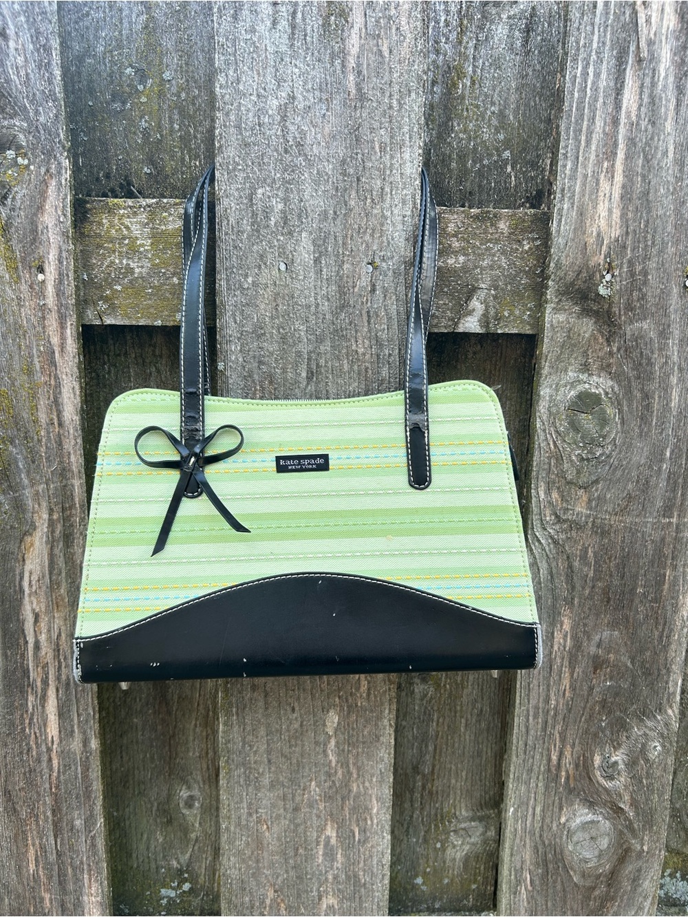 Green Striped Shoulder Bag with Black Trim